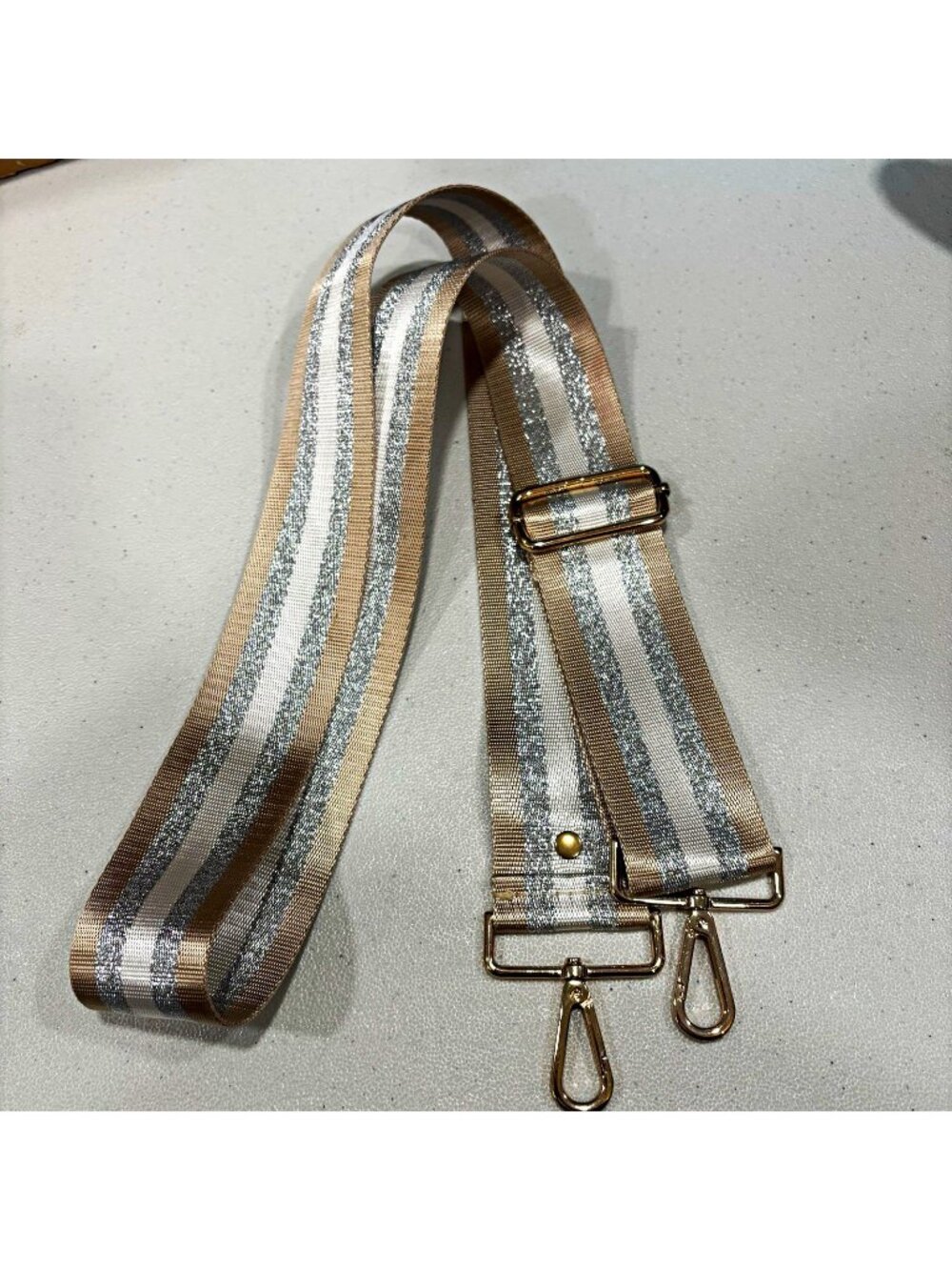 PomPom London Adjustable Striped Handbag Strap Beige Silver White Metallic